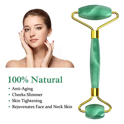 Jade Roller, Facial Massager Jade Roller, 100% Natural Jade Stone Roller Massage con Doble Bola, Anti Envejecimiento, Terapia, Cuello Cicatriz, Face Slimming Massager Tool