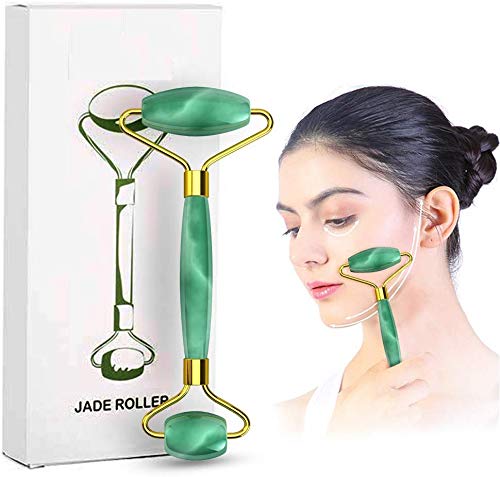Jade Roller, Facial Massager Jade Roller, 100% Natural Jade Stone Roller Massage con Doble Bola, Anti Envejecimiento, Terapia, Cuello Cicatriz, Face Slimming Massager Tool