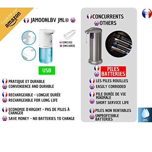 JaMoonLBV JmL® Marca Francesa - Dispensador de Jabón Automático - Detector de Movimiento de Manos Infrarrojo - Desinfectante de Cocina y Baño sin Contacto y Recargable por USB