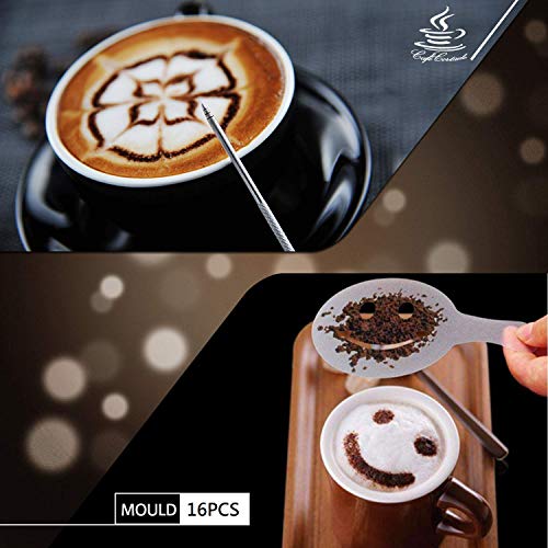 Jarra de Leche de Acero Inoxidable 304, FlamGen 600ml (20oz) Taza de Leche para Espuma de Leche Jarra con Marca de Medición | Lápiz Artístico de Leche | 16 Piezas Plantillas de Café Cappuccino y Latte