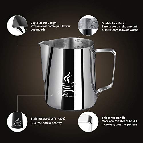 Jarra de Leche de Acero Inoxidable 304, FlamGen 600ml (20oz) Taza de Leche para Espuma de Leche Jarra con Marca de Medición | Lápiz Artístico de Leche | 16 Piezas Plantillas de Café Cappuccino y Latte