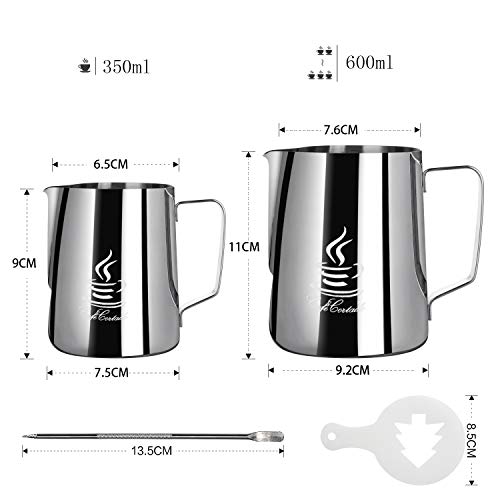 Jarra de Leche de Acero Inoxidable 304, FlamGen 600ml (20oz) Taza de Leche para Espuma de Leche Jarra con Marca de Medición | Lápiz Artístico de Leche | 16 Piezas Plantillas de Café Cappuccino y Latte