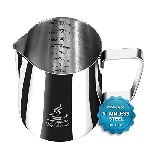 Jarra de Leche de Acero Inoxidable 304, FlamGen 600ml (20oz) Taza de Leche para Espuma de Leche Jarra con Marca de Medición | Lápiz Artístico de Leche | 16 Piezas Plantillas de Café Cappuccino y Latte