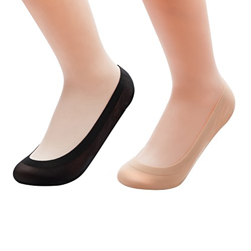 JARSEEN 2Pares Calcetines Invisibles Mujer Cortos Nylon Calcetines Cojín de Esponja De Soporte De Arco (Negro+Beige, EU 36-38.5)