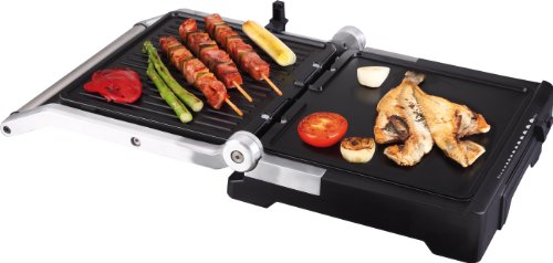 Jata GR1100 Grill de Asar Doble Línea Profesional con Placas Mixtas de 27,5 x 24 cm Antiadherente Libre de PFOA Placa Superior Ajustable 6 Posiciones Cuerpo Aluminio Fundido 2000 W