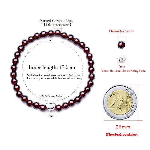 J.Endéar Pulsera de Piedras Preciosas Naturales Pulsera Elástica con Cuentas de Granate de 5 mm con Colgante de Plata 925 y Pulsera de Corazón