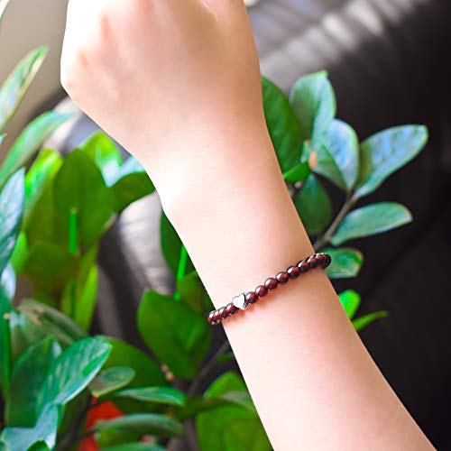 J.Endéar Pulsera de Piedras Preciosas Naturales Pulsera Elástica con Cuentas de Granate de 5 mm con Colgante de Plata 925 y Pulsera de Corazón