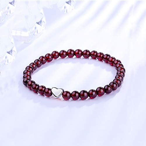 J.Endéar Pulsera de Piedras Preciosas Naturales Pulsera Elástica con Cuentas de Granate de 5 mm con Colgante de Plata 925 y Pulsera de Corazón