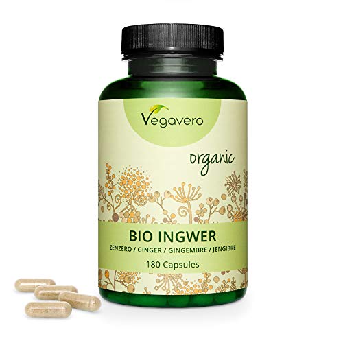 Jengibre Vegavero® | Orgánico y Testado en Laboratorio | Sin Aditivos | 180 Cápsulas | Articulaciones + Dolor Menstrual + Náuseas + Mareos | 450 mg | Migraña Alivio | Ginger