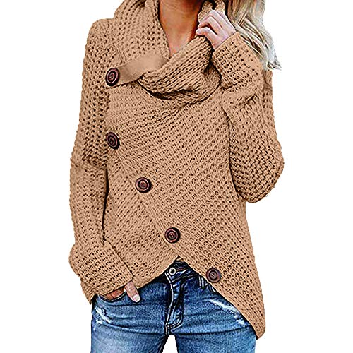 Jerseys De Punto para Mujer Cuello de Tortuga Manga Larga Suelto Prendas de Punto Suéter Irregular Jerséis Collar de la Pila Tops Cálido Otoño Invierno riou (z-Khaki, L)