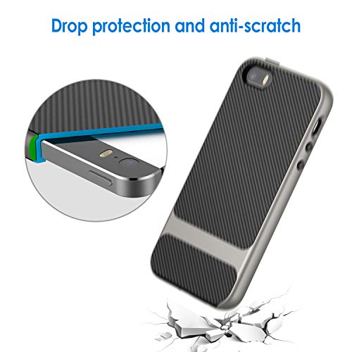 JETech Funda Compatible iPhone SE (2016 Modelo) iPhone 5S iPhone 5, Carcasa con Fibra de Carbono, Anti-choques, Gris