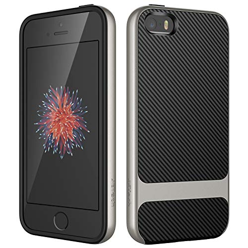 JETech Funda Compatible iPhone SE (2016 Modelo) iPhone 5S iPhone 5, Carcasa con Fibra de Carbono, Anti-choques, Gris