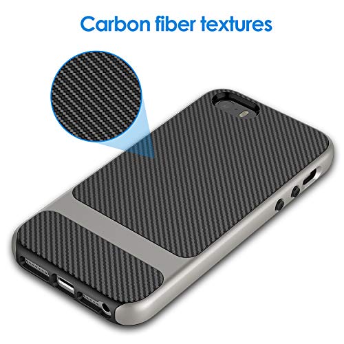 JETech Funda Compatible iPhone SE (2016 Modelo) iPhone 5S iPhone 5, Carcasa con Fibra de Carbono, Anti-choques, Gris