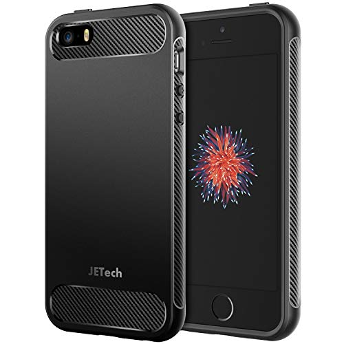 JETech Funda Compatible iPhone SE (2016 Modelo), iPhone 5s y iPhone 5, Carcasa con Shock-Absorción y Diseño de Fibra de Carbon, Negro