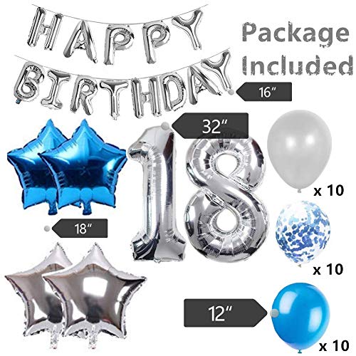 JeVenis 36 PCS Silver Blue 18th Birthday Decorations Party Supplies 18 Globos de cumpleaños Happy Birthday Balloon