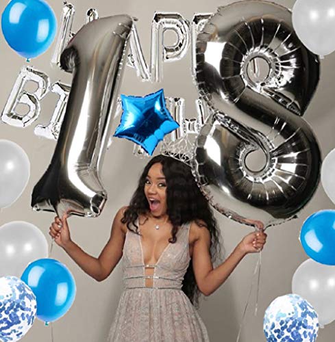 JeVenis 36 PCS Silver Blue 18th Birthday Decorations Party Supplies 18 Globos de cumpleaños Happy Birthday Balloon