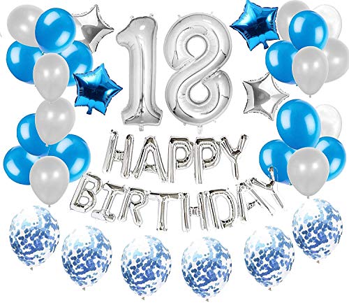 JeVenis 36 PCS Silver Blue 18th Birthday Decorations Party Supplies 18 Globos de cumpleaños Happy Birthday Balloon