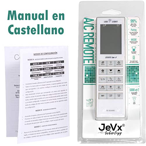 JeVx Mando Universal para Aire Acondicionado y Bomba de Calor 5000 en 1 Pantalla Grande Retroiluminada Linterna Controlador de Temperatura a Distancia Splitter Climatizador Control Remoto Temporizador