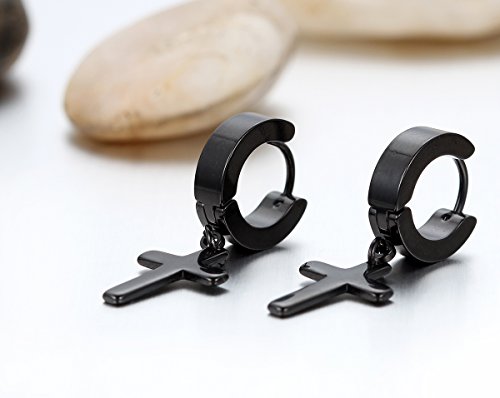 Jewelrywe Joyería 2 Pares Pendientes de hombre mujer, niña, Cruz Semental Aro, Acero inoxidable, Color plata Negro (con bolsa de regalo)