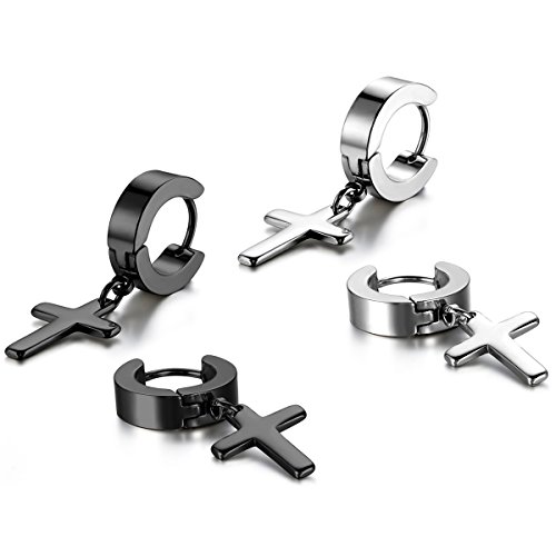 Jewelrywe Joyería 2 Pares Pendientes de hombre mujer, niña, Cruz Semental Aro, Acero inoxidable, Color plata Negro (con bolsa de regalo)