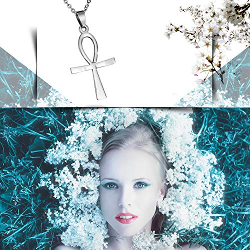 JewelryWe Joyería Collar con Cruz Colgante de Hombre Mujer, Cadena 54cm, Crucifijo Ankh Egipto, Acero Inoxidable, Color Plata (con Bolsa de Regalo)
