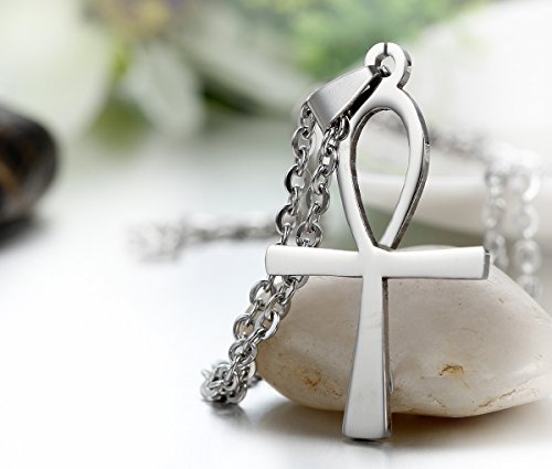 JewelryWe Joyería Collar con Cruz Colgante de Hombre Mujer, Cadena 54cm, Crucifijo Ankh Egipto, Acero Inoxidable, Color Plata (con Bolsa de Regalo)