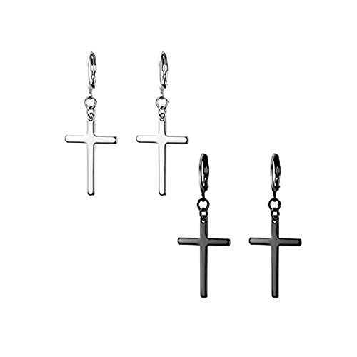 JewelryWe Pendientes largos de acero inoxidable con forma de cruz para hombre y mujer,Color Plateado Negro,Regalos para Cumpleaños,Regalos para Navidad