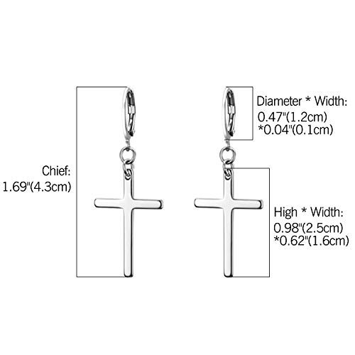 JewelryWe Pendientes largos de acero inoxidable con forma de cruz para hombre y mujer,Color Plateado Negro,Regalos para Cumpleaños,Regalos para Navidad