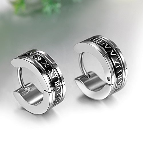 JewelryWe Pendientes Negros Números Romanos Acero Inoxidable Pendientes de Aros Unisex para Hombre Mujer, Pendientes Azul Negro Dorado,Regalo Navidad