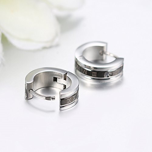 JewelryWe Pendientes Negros Números Romanos Acero Inoxidable Pendientes de Aros Unisex para Hombre Mujer, Pendientes Azul Negro Dorado,Regalo Navidad