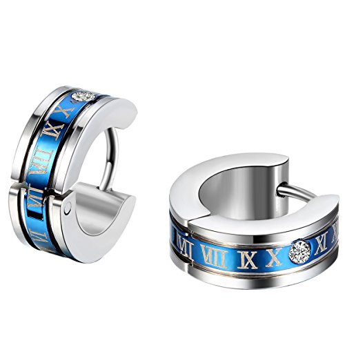 JewelryWe Pendientes Negros Números Romanos Acero Inoxidable Pendientes de Aros Unisex para Hombre Mujer, Pendientes Azul Negro Dorado,Regalo Navidad