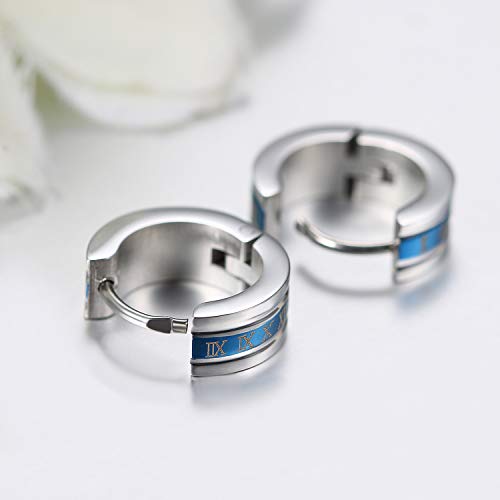 JewelryWe Pendientes Negros Números Romanos Acero Inoxidable Pendientes de Aros Unisex para Hombre Mujer, Pendientes Azul Negro Dorado,Regalo Navidad