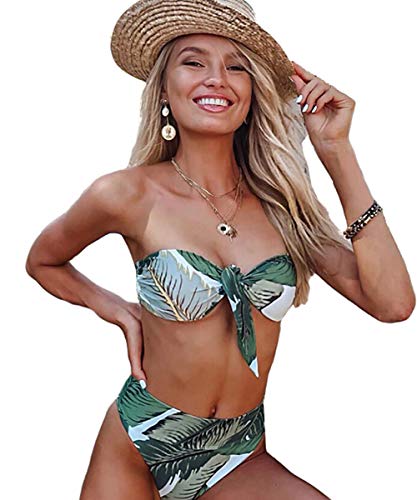 JFAN Mujer Conjunto De Bikini Traje de Baño 2020 Push up Bikini Floral Monokini Tropical Hojas Verdes Bikini (L)