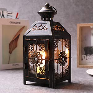 JHY DESIGN Linterna Decorativa de diseño JHY Linterna de Vela de Metal de 23 cm de Altura Linterna Colgante de Estilo Vintage para Fiestas de Bodas Interior al Aire Libre (Negro con Cepillo de Oro)