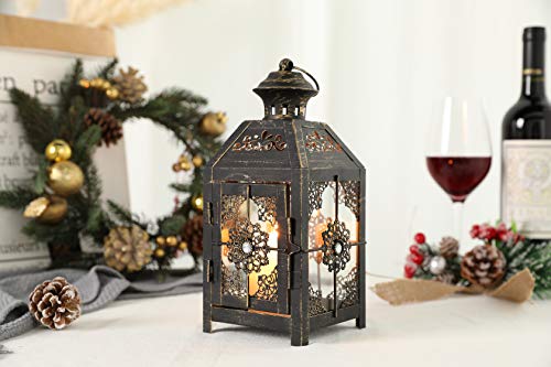 JHY DESIGN Linterna Decorativa de diseño JHY Linterna de Vela de Metal de 23 cm de Altura Linterna Colgante de Estilo Vintage para Fiestas de Bodas Interior al Aire Libre (Negro con Cepillo de Oro)
