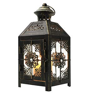 JHY DESIGN Linterna Decorativa de diseño JHY Linterna de Vela de Metal de 23 cm de Altura Linterna Colgante de Estilo Vintage para Fiestas de Bodas Interior al Aire Libre (Negro con Cepillo de Oro)