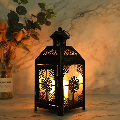 JHY DESIGN Linterna Decorativa de diseño JHY Linterna de Vela de Metal de 23 cm de Altura Linterna Colgante de Estilo Vintage para Fiestas de Bodas Interior al Aire Libre (Negro con Cepillo de Oro)