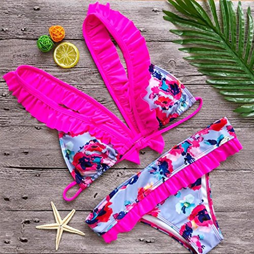 JiaMeng Bikini 2018, Bikinis Sexy Traje de Baño de Una Pieza de Mujer Bañador de baño Trikini brasileño Mujer Biquinis Jumpsuit Mono de baño de Flores sin Espalda (Rosado, M)