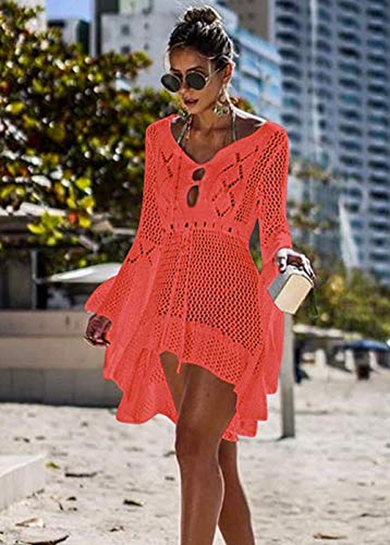 Jinsha Vestido de Playa - Mujer Pareos y Camisola de Playa Sexy Hueco Traje de Baño Punto Bikini Cover up (Orange)
