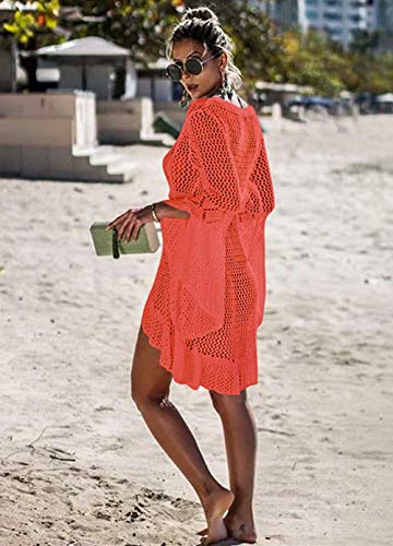 Jinsha Vestido de Playa - Mujer Pareos y Camisola de Playa Sexy Hueco Traje de Baño Punto Bikini Cover up (Orange)