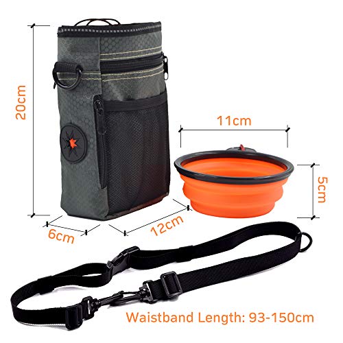 JINYJIA Bolsas de Golosinas para Perros, Bolsa Premios Perro Resistente al Agua con Tazón Plegable y Cinturón Ajustable, con Dispensador de Bolsa Caca Incorporada, Gris Oscuro