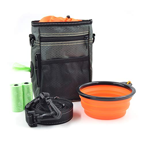 JINYJIA Bolsas de Golosinas para Perros, Bolsa Premios Perro Resistente al Agua con Tazón Plegable y Cinturón Ajustable, con Dispensador de Bolsa Caca Incorporada, Gris Oscuro