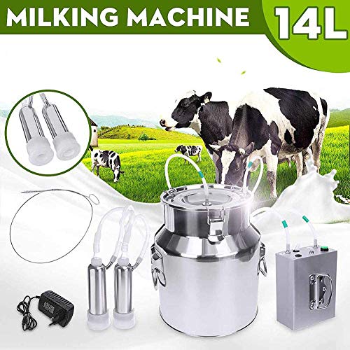 Jnzr 14L de ordeño automático, eléctrico portátil de Acero Inoxidable Barril Leche Impulso de Vaciado ovejas Cabra, Vaca de ordeño Kit con 2 Pezoneras y Cepillo de Limpieza,For Cow