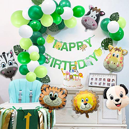 Joeyer 54 PCS Selva Fiesta de Cumpleaños Decoracion, Globo de Aluminio Safari Bosque Animal Cumpleaños Globos con Hojas para Niño Cumpleaños Baby Shower Decoración