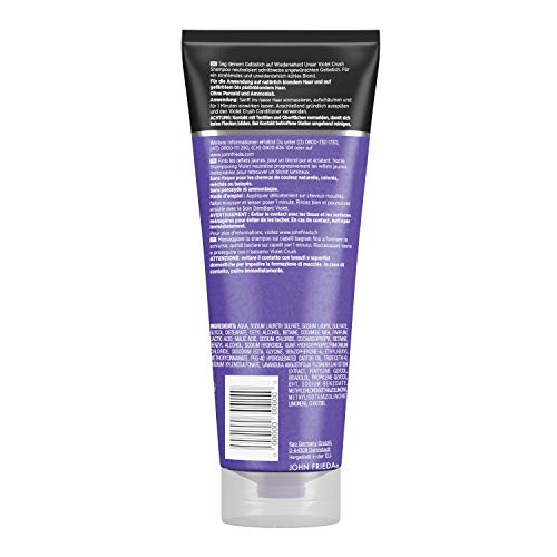 John Frieda Violet Crush – Champú antiamarilleamiento – también contra tonos naranjas, con pigmentos violetas, 250 ml