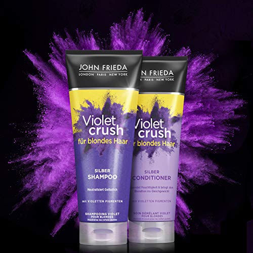 John Frieda Violet Crush – Champú antiamarilleamiento – también contra tonos naranjas, con pigmentos violetas, 250 ml