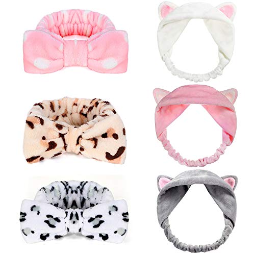 Joinfun Diadema Maquillaje, 6 Paquetes Diademas con lazo para mujeres Chica Rayas Elástico Coral Bandas para el cabello Maquillaje de felpa Lavado de cara Ducha Diadema