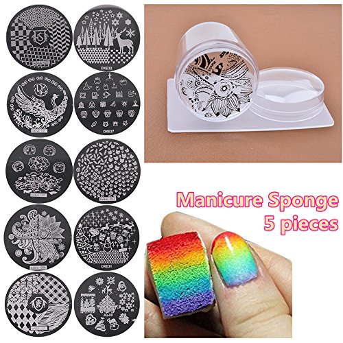 Joligel Estampador Uñas Transparente Silicona con Raspador + 10 Plantillas Estampado + 5 Esponjas de Manicura para Degradado Uñas, Kit Estampación Manicura Pedicura Nail Art Decoración Uñas