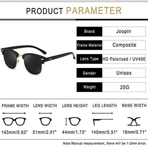 Joopin Gafas de sol Polarizadas Clásico Medio Marco para Hombre, Retro Semi Rimless Gafas de sol para Mujer (Paquete simple negro)