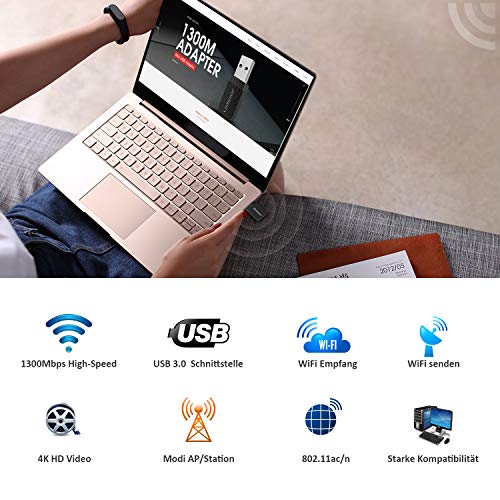JOOWIN WiFi Adaptador USB,wifi usb 1300Mbps WiFi Antena USB 3.0 Dual Band 2.4GHz/5GHz Mini WiFi Dongle Adaptador Soporta Windows 7/8/8.1/10 / Mac OS 10.7-10.12 / Mac OSX, para PC Desktop Laptop Tablet